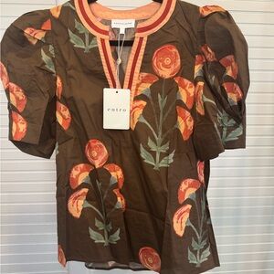 Entro NWT Olive Floral Puff Sleeve Blouse